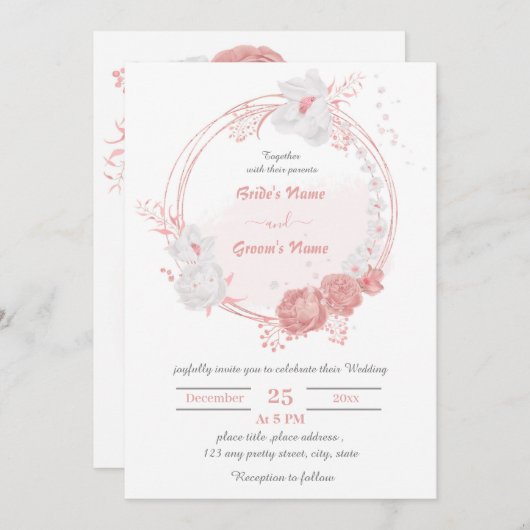 Invitation fleurs rose et blanche mariage de couronne botaniq (Devant / Derrière)
