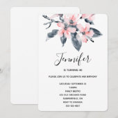 Invitation Fleurs rose et gris Aquarelle classique Anniversai (Devant / Derrière)