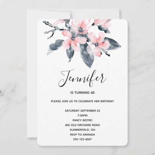 Invitation Fleurs rose et gris Aquarelle classique Anniversai (Devant)