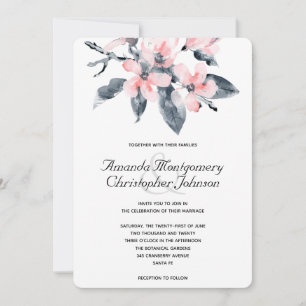 Invitation Fleurs rose et gris Mariage Aquarelle classique