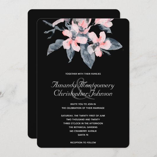 Invitation Fleurs rose et gris Mariage Aquarelle classique (Devant / Derrière)