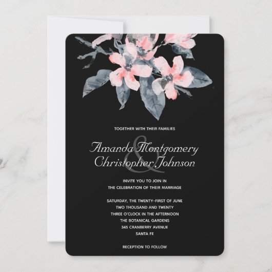 Invitation Fleurs rose et gris Mariage Aquarelle classique (Devant)