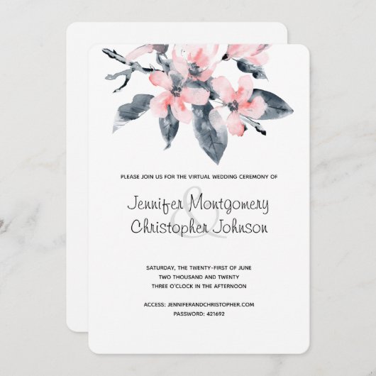 Invitation Fleurs rose et gris Mariage virtuel Aquarelle (Devant / Derrière)