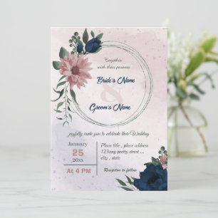Invitation fleurs rose et marine mariage de couronne botaniqu
