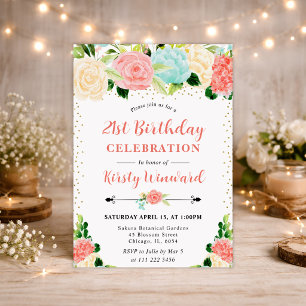 Invitation Fleurs rose et menthe à l'aquarelle 21e anniversai
