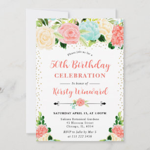 Invitation Fleurs rose et menthe à l'aquarelle 50e anniversai