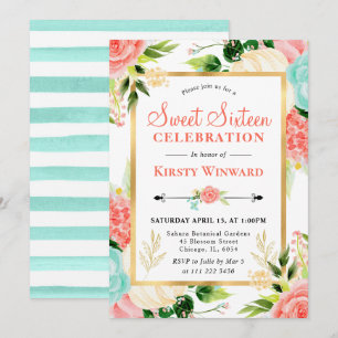 Invitation Fleurs rose et menthe aquarelle Sweet Sixteen