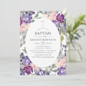 Invitation Fleurs rose et prune pour baptême (Debout devant)