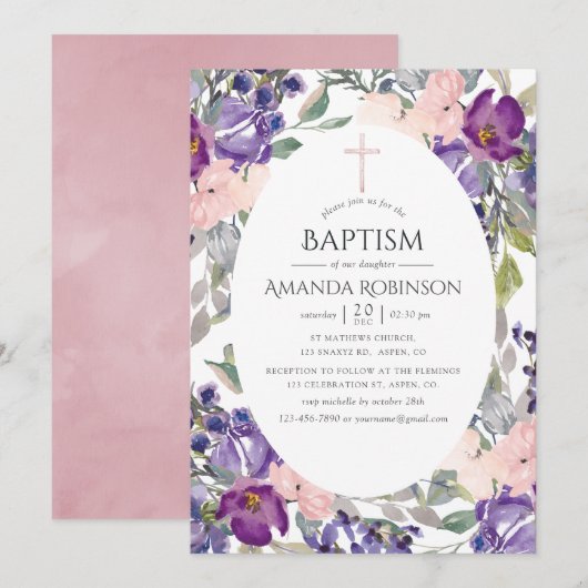 Invitation Fleurs rose et prune pour baptême (Devant / Derrière)