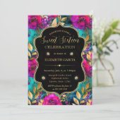 Invitation Fleurs Rose et Sarcelle Aquarelle Sweet 16 (Debout devant)