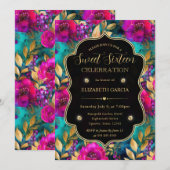 Invitation Fleurs Rose et Sarcelle Aquarelle Sweet 16 (Devant / Derrière)