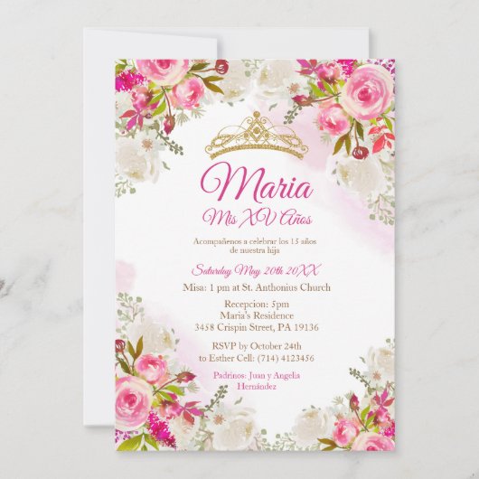 Invitation Fleurs rose Fuchsia Mis XV Anos Anniversaire  (Devant)