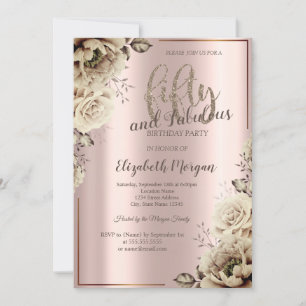Invitation Fleurs Rose Gold 50e fête d'anniversaire