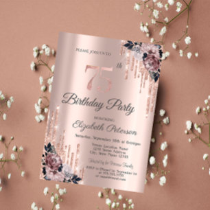 Invitation Fleurs Rose Gold Glitter Drips 75e Anniversaire