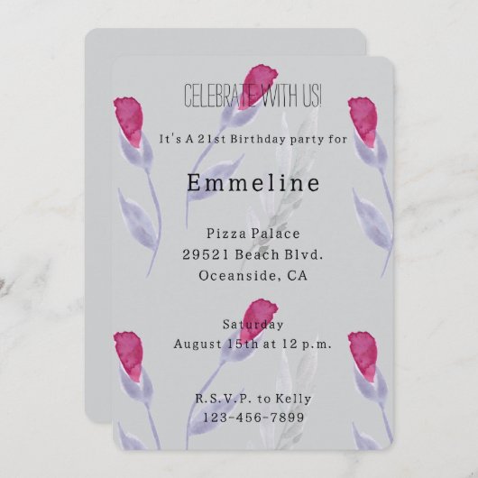 Invitation Fleurs rose gris Anniversaire (Devant / Derrière)