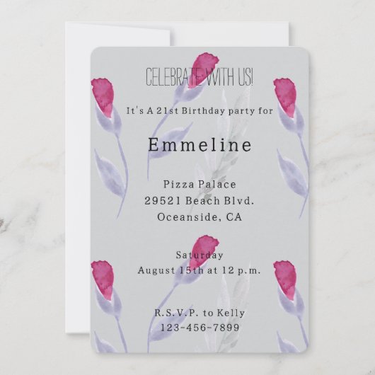 Invitation Fleurs rose gris Anniversaire (Devant)