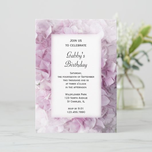 Invitation Fleurs rose Hydrangea fête d'anniversaire (Debout devant)