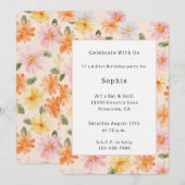 Invitation Fleurs Rose Jaune Bleu Anniversaire Pêche   (Devant / Derrière)