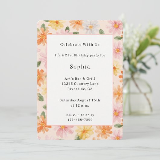 Invitation Fleurs Rose Jaune Bleu Anniversaire Pêche   (Debout devant)