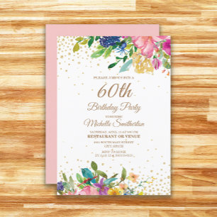 Invitation Fleurs rose jaune bleu Paillettes dorées 60e anniv
