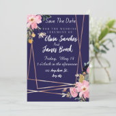 Invitation Fleurs rose Mariage Bleu Marine Rustique  (Debout devant)