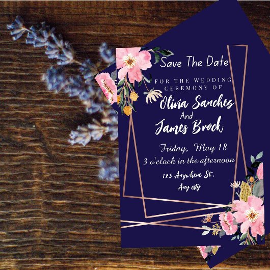 Invitation Fleurs rose Mariage Bleu Marine Rustique 