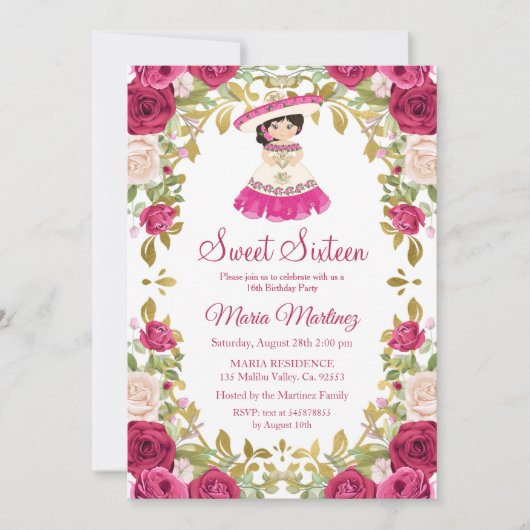 Invitation Fleurs rose mexicaine Douce 16 Anniversaire (Devant)