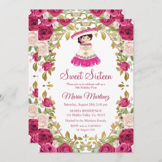 Invitation Fleurs rose mexicaine Douce 16 Anniversaire (Devant / Derrière)