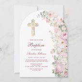 Invitation Fleurs Rose Pâle Arche Baptême (Devant)