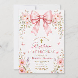 Invitation Fleurs Rose Pâle avec Nœud Baptême & Premier Anniv
