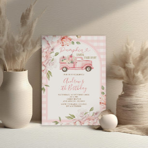Invitation Fleurs rose pâle Chute En vichy Tracteur Anniversa