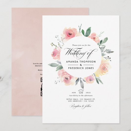 Invitation Fleurs rose pastel et code QR RSVP Mariage (Devant / Derrière)