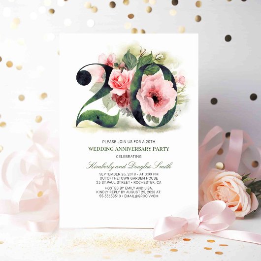 Invitation Fleurs rose pastel pour 20e anniversaire de mariag