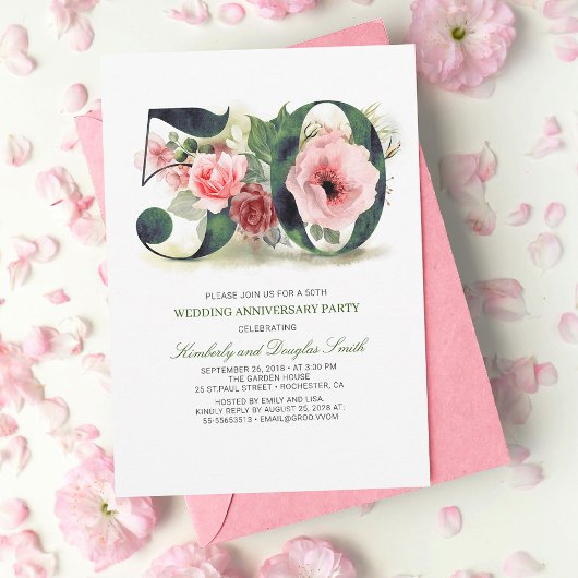 Invitation Fleurs rose pastel pour les 50 ans de mariage