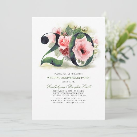 Invitation Fleurs rose poudré 20e anniversaire de mariage (Debout devant)