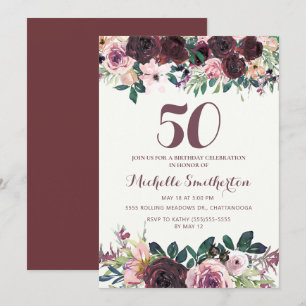 Invitation Fleurs rose poudré et bordeaux pour 50e anniversai