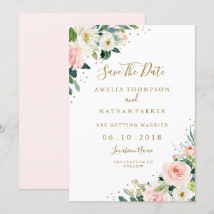 Invitation Fleurs rose poudré or mariage à retenir la date