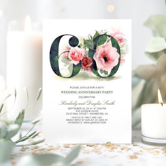 Invitation Fleurs rose poudré pour les 60 ans de mariage