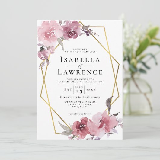 Invitation Fleurs Rose Poussiéreuse Fleurs Roses Feuille Or M (Debout devant)