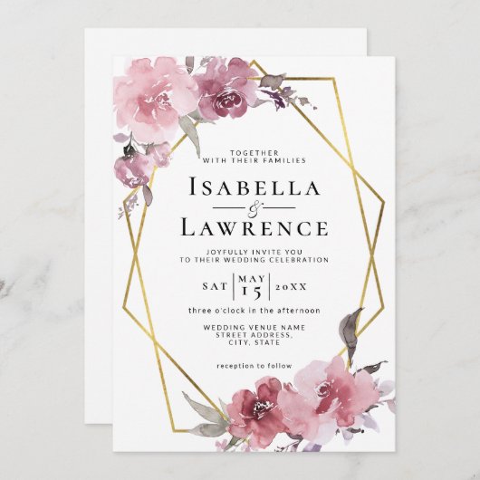 Invitation Fleurs Rose Poussiéreuse Fleurs Roses Feuille Or M (Devant / Derrière)