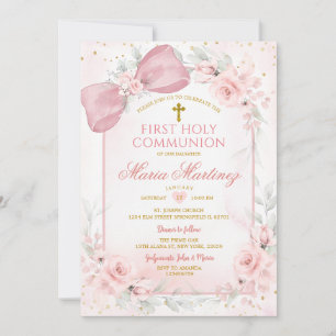 Invitation Fleurs Rose Poussiéreuse Nœud Papillon Fille Premi