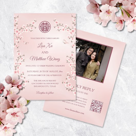Invitation Fleurs Rose Poussiéreux | Code QR Photo Mariage Ch