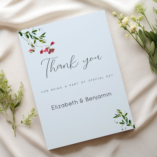 Invitation Fleurs rose rouge vert pastel bleu Merci