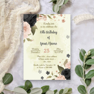 Invitation Fleurs rose rousse noire anniversaire botanique