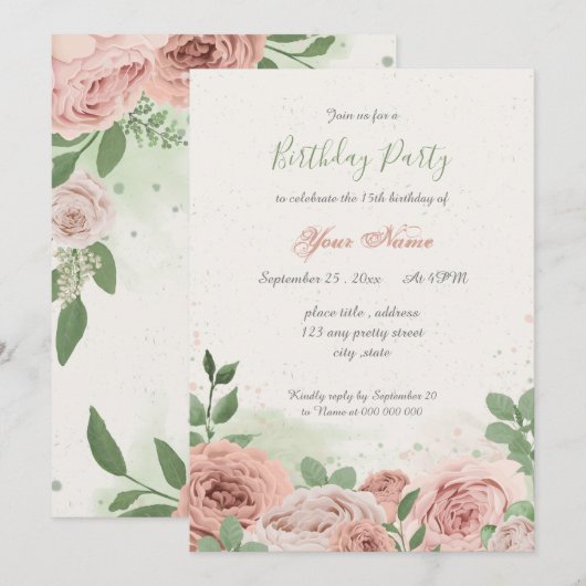 Invitation fleurs rose rousse vert feuilles anniversaire (Devant / Derrière)