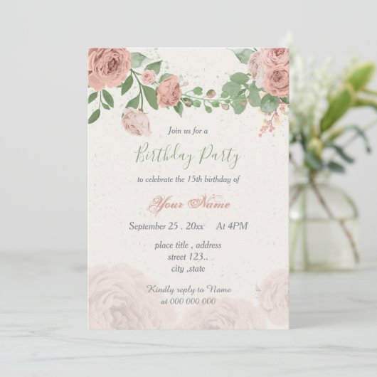 Invitation fleurs rose rousse vert feuilles anniversaire (Debout devant)