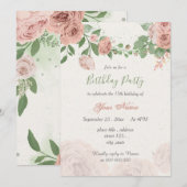 Invitation fleurs rose rousse vert feuilles anniversaire (Devant / Derrière)