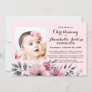 Invitation Fleurs Rose Tendre BAPTÊME Élégant Événement