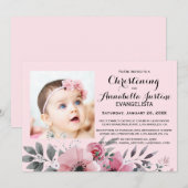 Invitation Fleurs rose tendre Élégant Événement de BAPTÊME (Devant / Derrière)