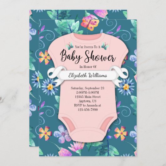 Invitation Fleurs rose Turquoise bleu Baby shower floral (Devant / Derrière)